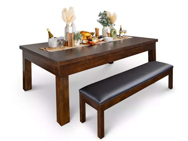 Polk Billiard Table with dining top setting and bench